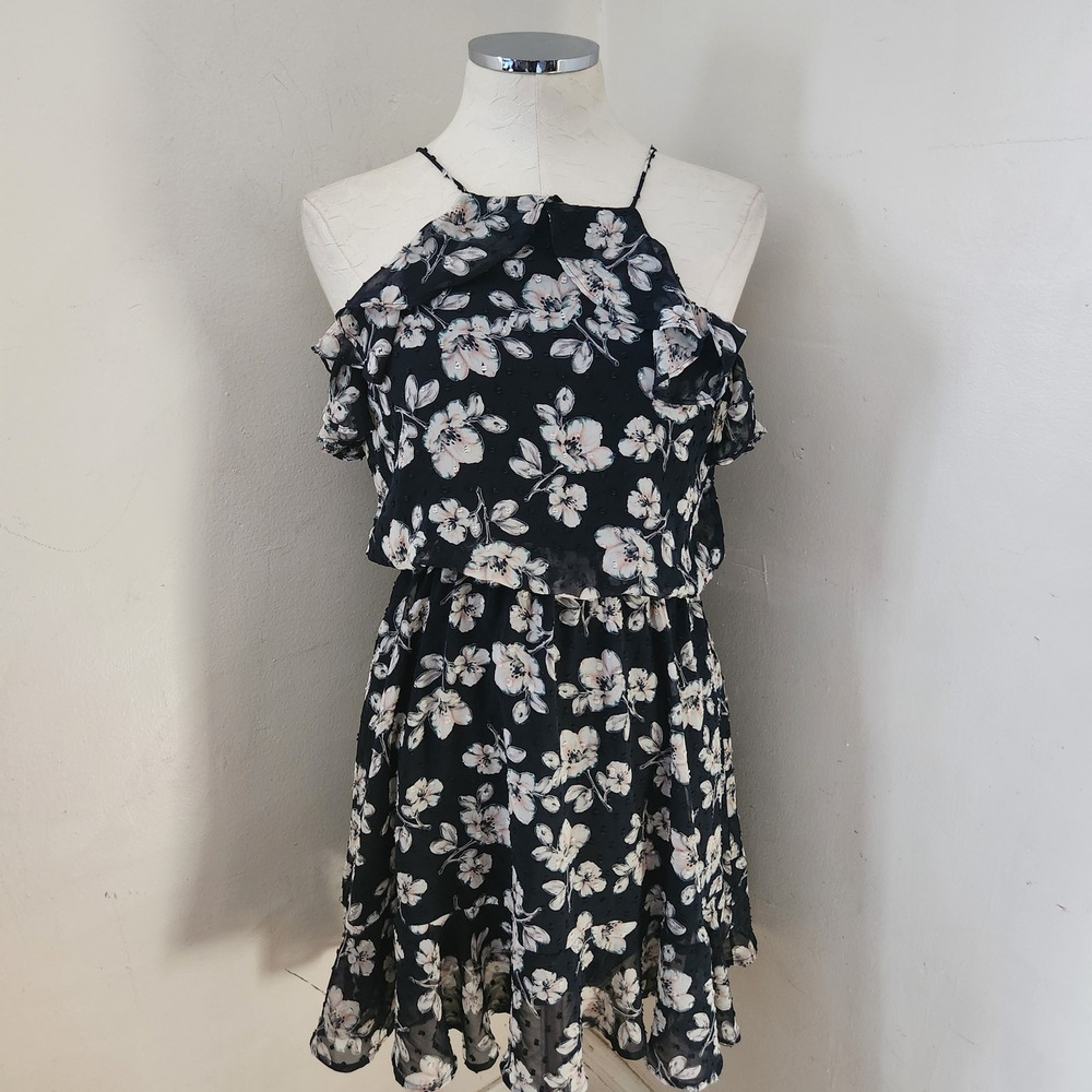Moon River Floral Print Ruffle Mini Dress Sleeveless‎ Blue White Small